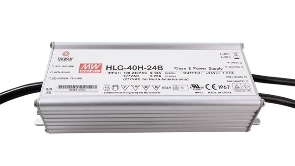 Meanwell Netzgerät, HLG-40H-24B, Aluminium, Silber, 00°-00°, 40W, 24V, 1670mA, 171x62mm