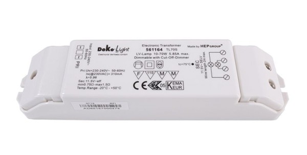 Deko-Light Netzgerät, TL 70S elektronisch, dimmbar: Phasenabschnitt, Ausgangsspannung: 12V AC, IP 20