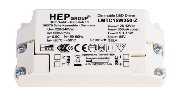 Netzgerät, HEP LMTC15W350-Z, Kunststoff, Weiß, 15W, 26-43V, 350mA, 85x40mm