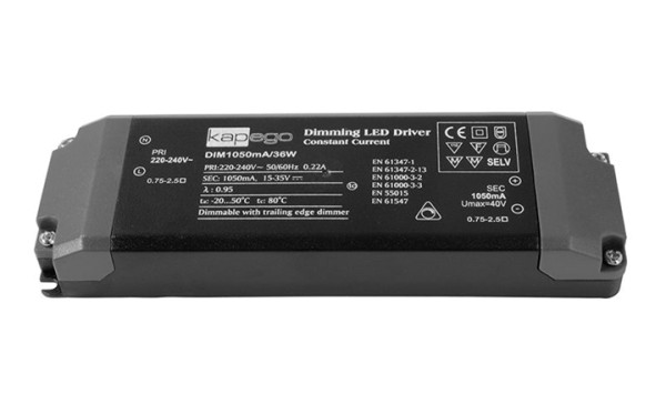 KapegoLED Netzgerät, Dim1050mA/36W, dimmbar: Phasenabschnitt, Eingangsspannung: 220-240V AC/50-60Hz