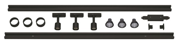 1PHASEN-HOCHVOLT-SET, dreiflammig, LED GU10 51 mm, schwarz, inkl. 2x1 m Hochvoltschiene, 2 Endkappen