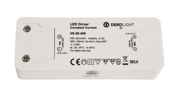 Deko-Light Netzgerät (CC, DC), BASIC, CC, V8-20-450mA/44V, Kunststoff, Weiß, 22-29V, 450mA